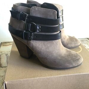 Tan and Brown Ankle Booties with Moto Straps